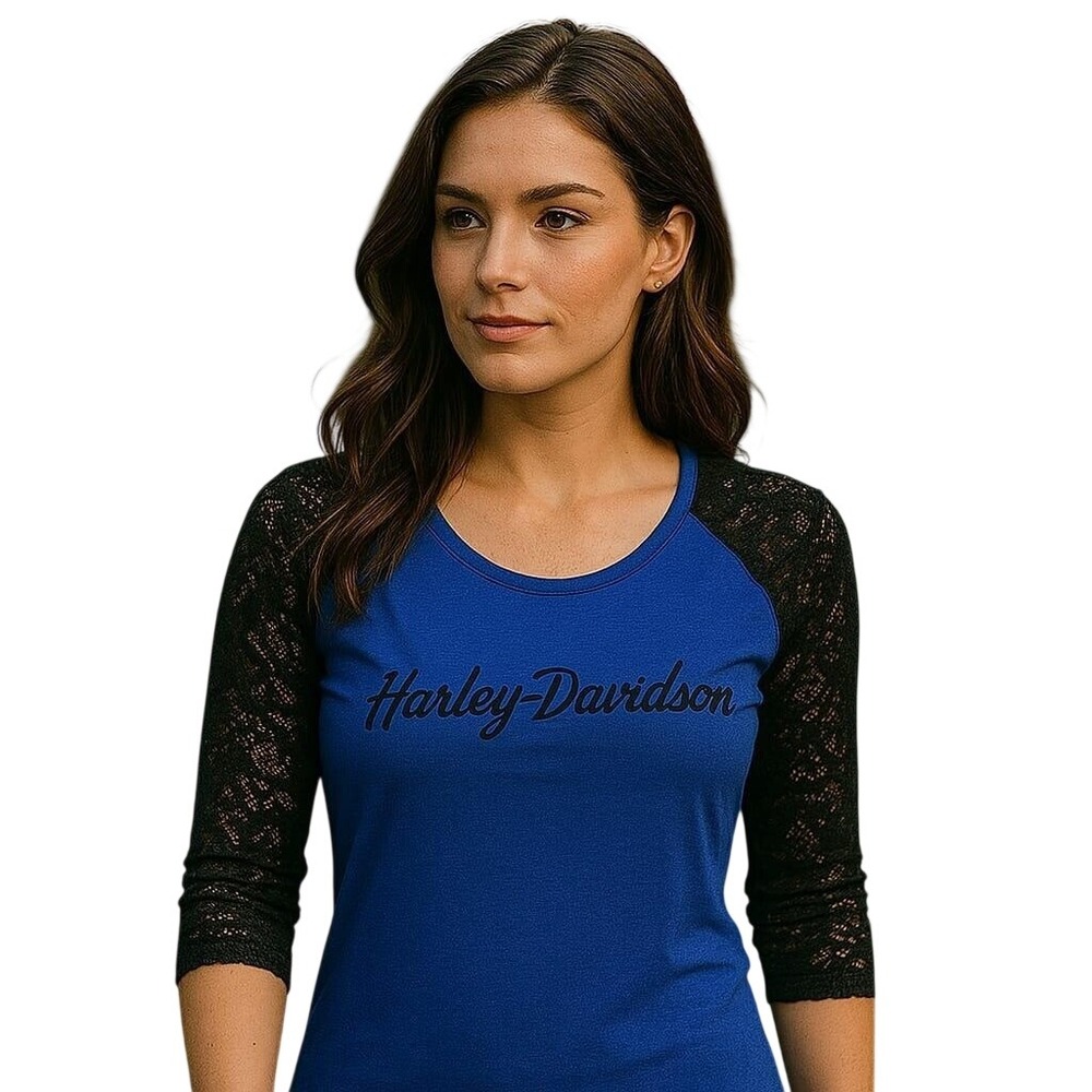 Harley Davidson Fort Thunder Moore OK Lace Sleeve Raglan Top Blue Motorcycle M